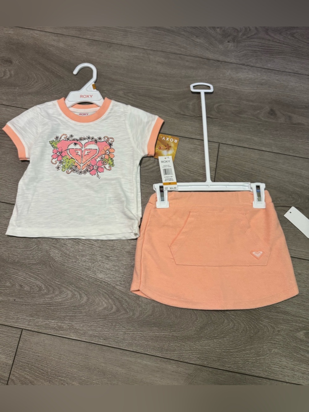Roxy Peach-Trim Floral Logo Tee and Skort Set